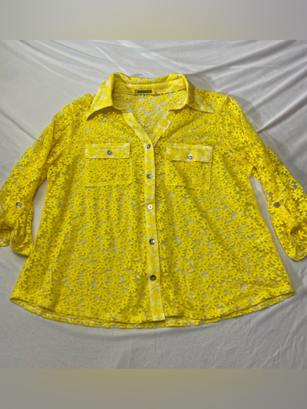 Yellow Floral Lace Button-Up Blouse Roll Tan Sleeves Sheer M Rave Indie Festival